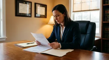 Attorney in private criminal defense practice reviewing case files in modern office
