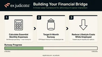 BigLaw exit financial runway calculator showing six-month savings threshold and expense breakdown