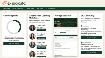 Ex Judicata platform dashboard showing JD career diagnostic and nonlegal job board features