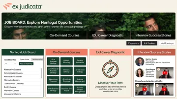 Ex Judicata career transition platform dashboard displaying job board courses and community features