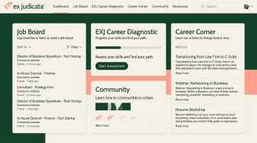 Ex Judicata platform dashboard showing nonlegal job board and career diagnostic tools