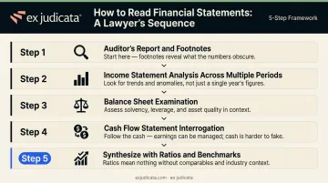 5-step financial statement reading process for lawyers sequential flow diagram