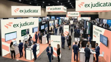 Large legal technology conference hall with attendees networking and viewing vendor exhibits