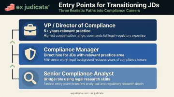 Three JD compliance career entry points from analyst to VP director roles
