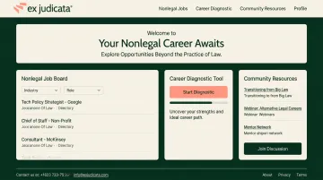 Ex Judicata platform dashboard showing job board career diagnostic and community features