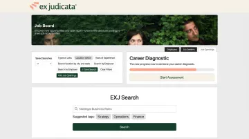 Ex Judicata platform homepage showing job board and career transition resources for JDs