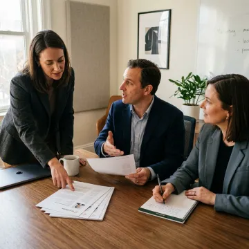Executive search team discussing compliance candidates