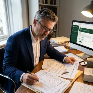 Lawyer reviewing financial statements during an online course