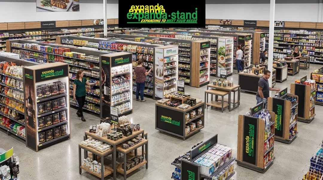 Retail gondola shelving fixtures arranged across multiple store layout formats