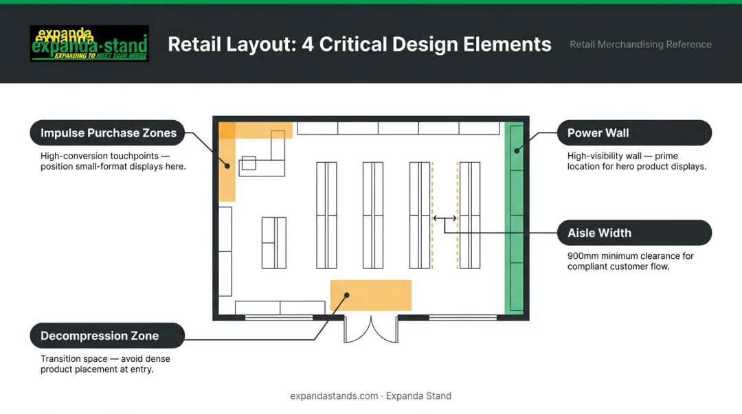Retail floor plan key elements diagram decompression zone power wall impulse zones