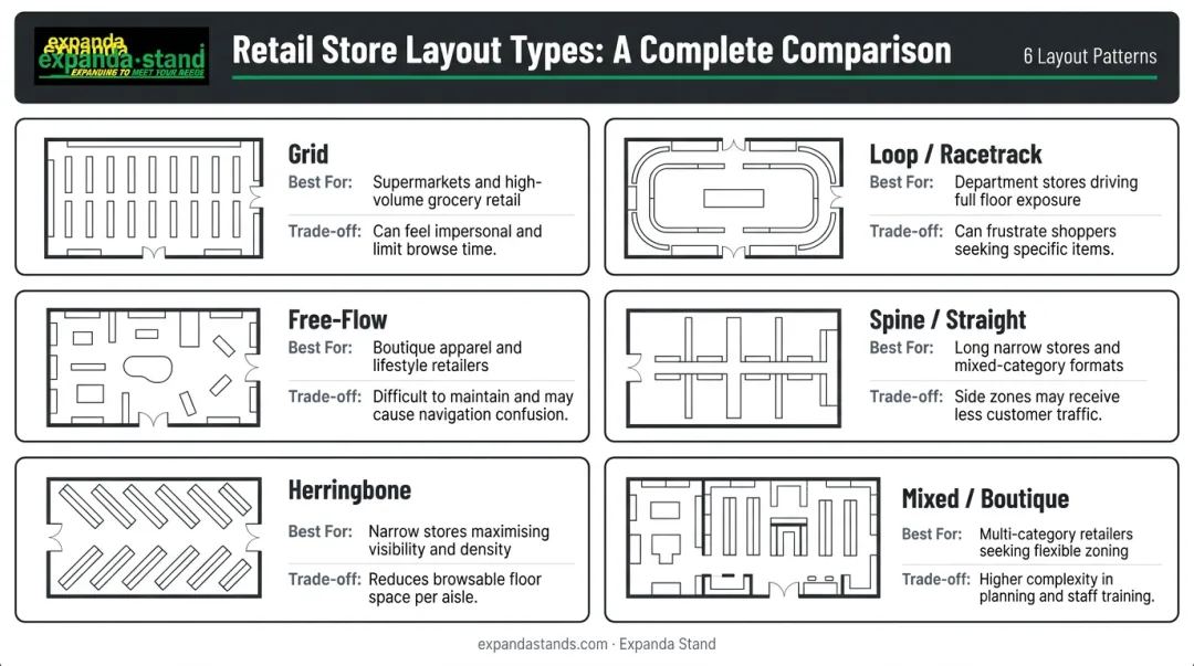 Six retail store layout types comparison grid with pros and cons