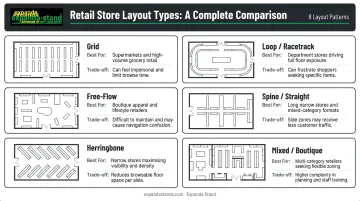 Six retail store layout types comparison grid with pros and cons