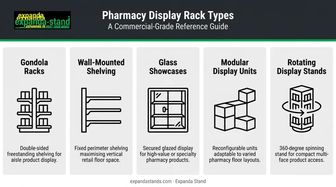 Five types of pharmacy display racks and their functions visual guide