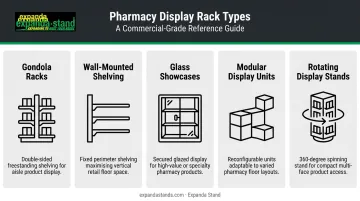 Five types of pharmacy display racks and their functions visual guide