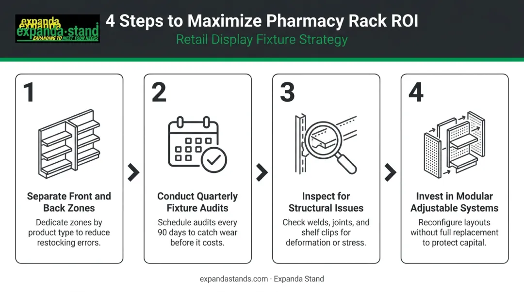 Four-step process to maximize pharmacy display rack ROI and operational value