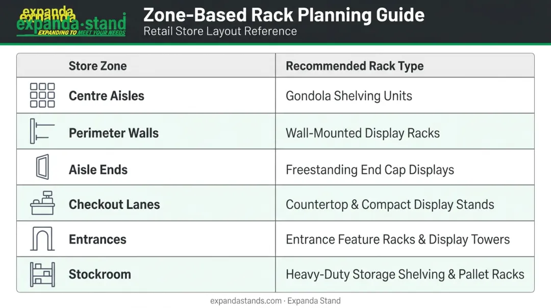 Supermarket store zone to rack type planning guide reference table infographic