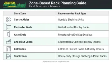 Supermarket store zone to rack type planning guide reference table infographic