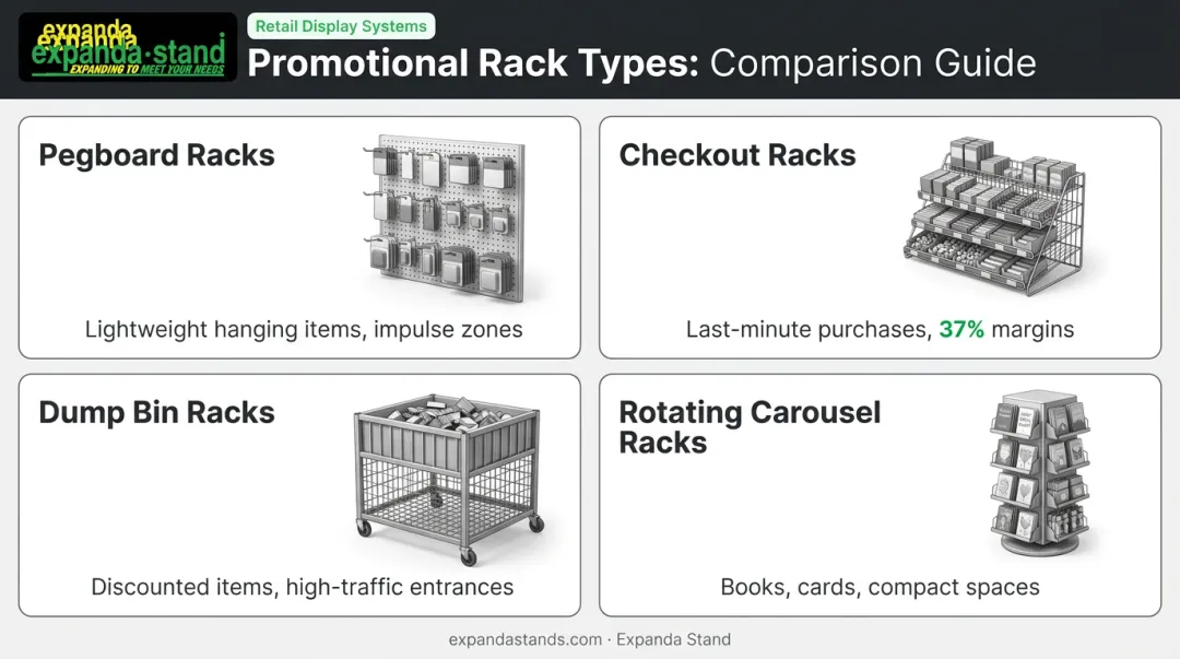 Four types of promotional and impulse supermarket racks comparison overview