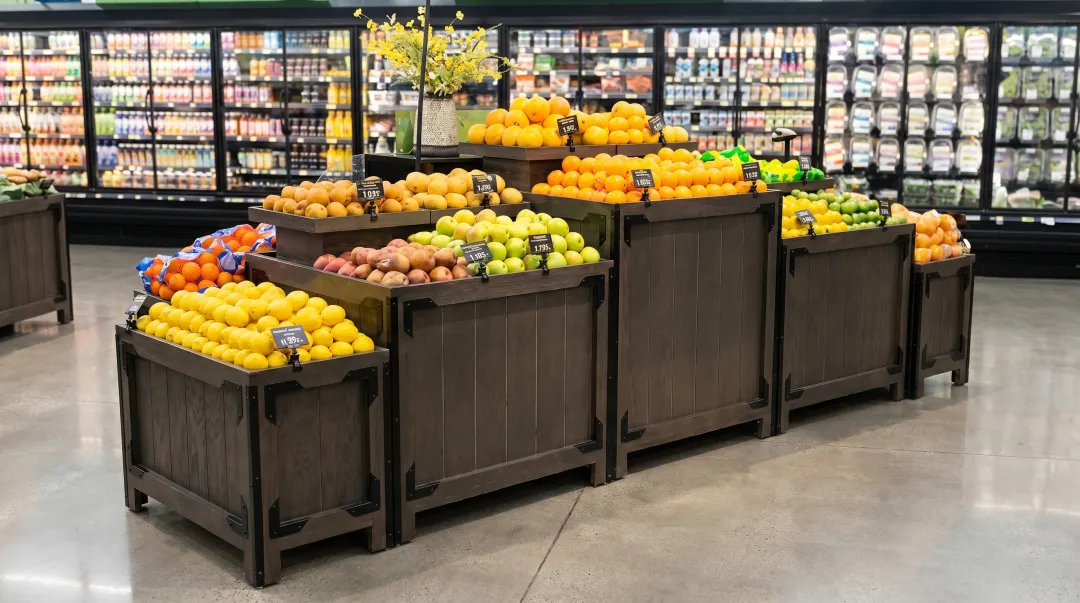 Supermarket bulk display rack filled with fresh produce and promotional items