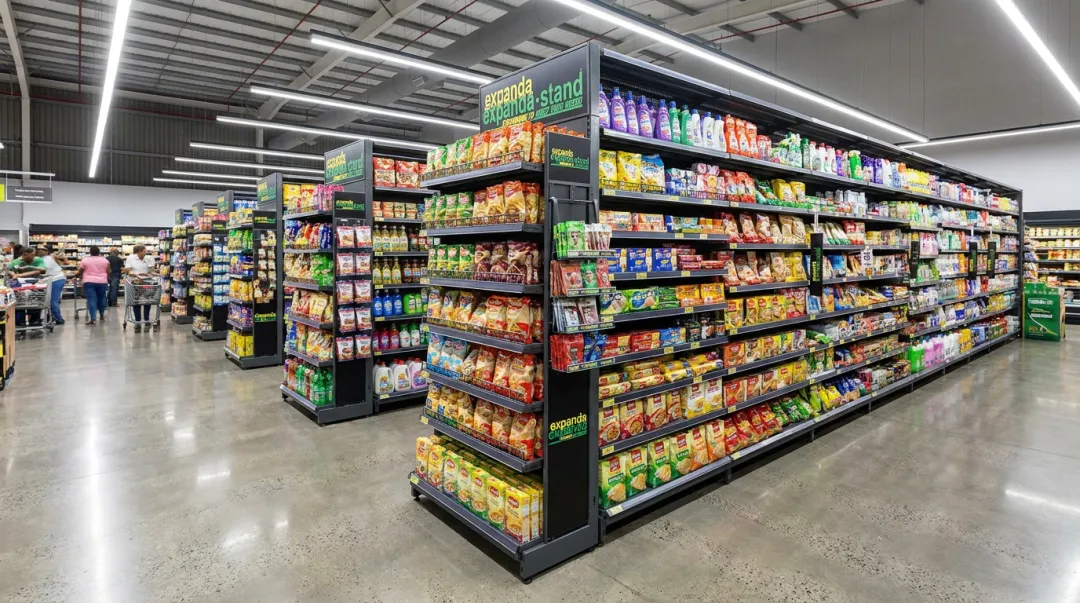 Expanda Stand supermarket gondola rack installation in modern retail store