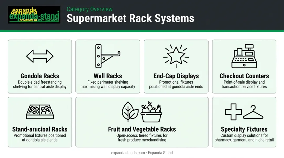 Six supermarket rack types overview infographic with icons and descriptions