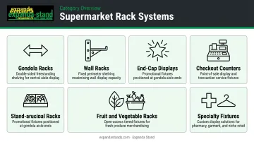 Six supermarket rack types overview infographic with icons and descriptions