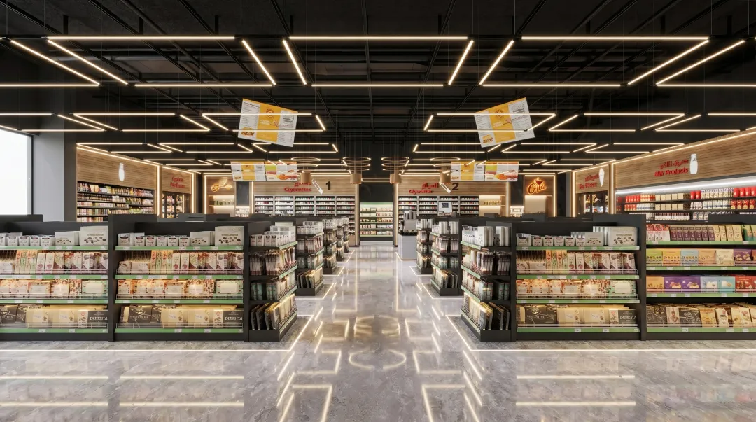Large-format supermarket interior with fully stocked gondola and wall rack systems