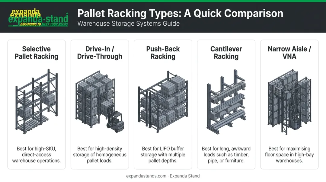 Five types of pallet racking systems comparison infographic for Indian warehouses