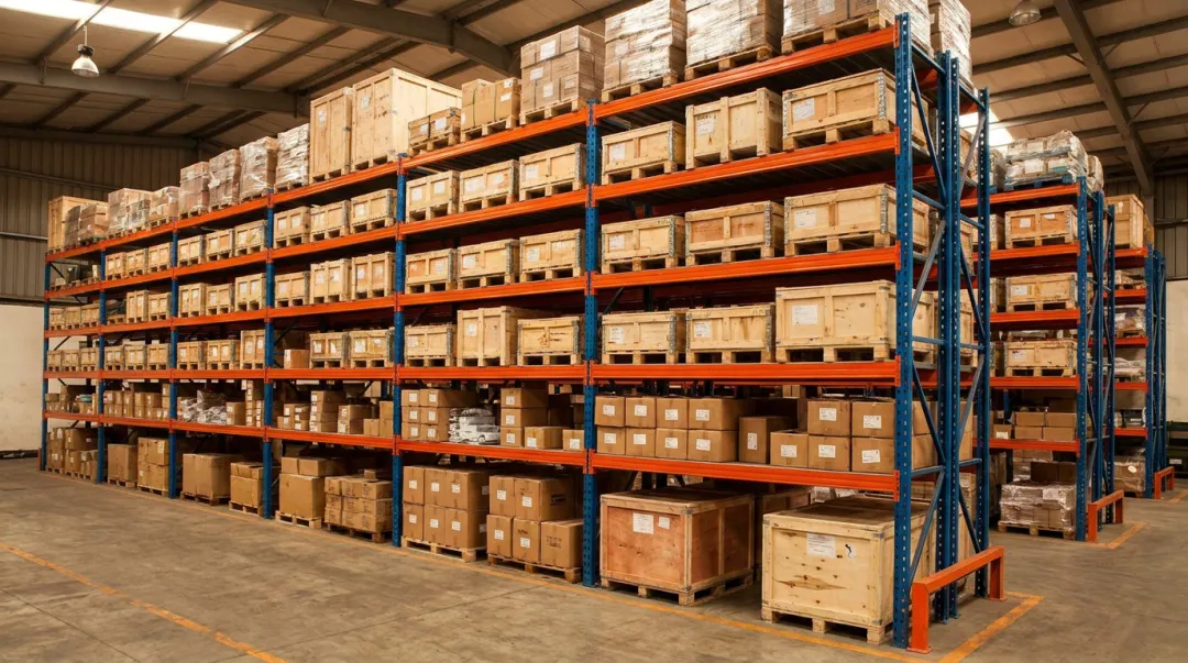 Heavy-duty industrial pallet racking in mid-size warehouse storage facility