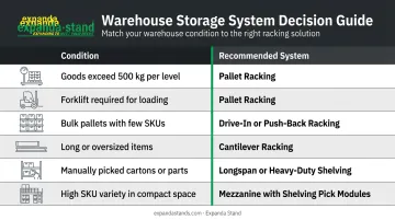 Warehouse storage system selection decision framework table by inventory condition