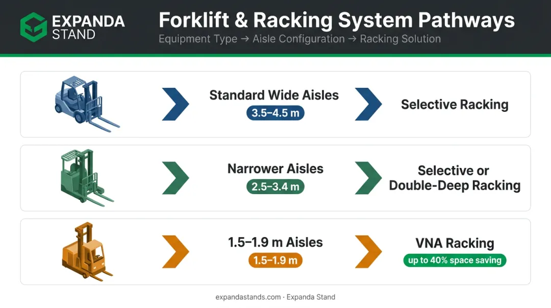 Material handling equipment to aisle width to racking system matching process flow