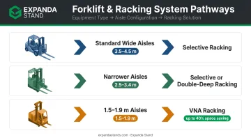 Material handling equipment to aisle width to racking system matching process flow