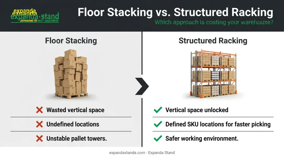 Floor stacking versus pallet racking three-benefit comparison infographic