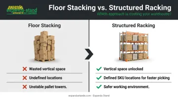 Floor stacking versus pallet racking three-benefit comparison infographic