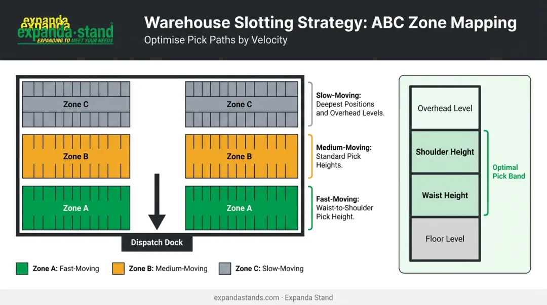 ABC inventory velocity slotting zones warehouse layout diagram with pick height positions
