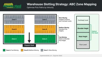 ABC inventory velocity slotting zones warehouse layout diagram with pick height positions