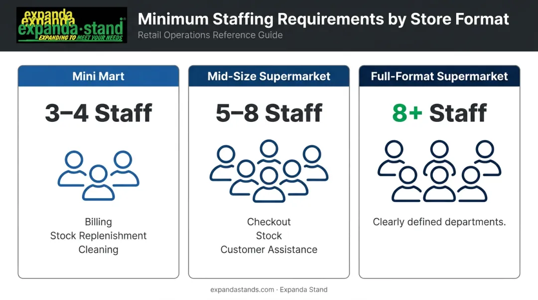 Supermarket franchise minimum staffing requirements by store format comparison chart