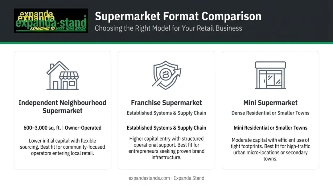 Three Indian supermarket format types comparison with size and ownership overview