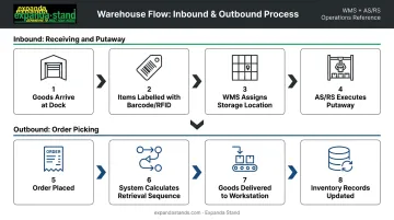 AS/RS inbound and outbound workflow process flow from receiving to order fulfillment