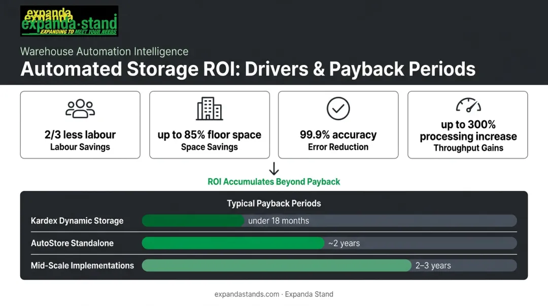 AS/RS ROI drivers and payback timeline comparison across system types and cost levers