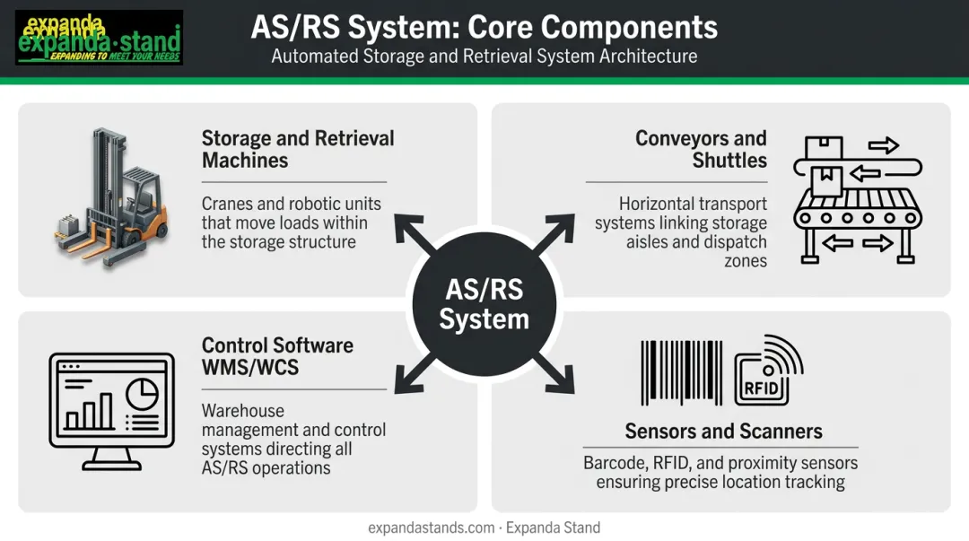 Four core AS/RS components diagram showing SRMs conveyors software and sensors