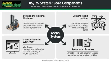 Four core AS/RS components diagram showing SRMs conveyors software and sensors