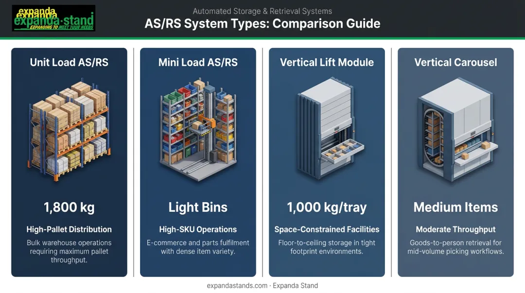 AS/RS system types comparison chart showing unit load mini load VLM and carousel specifications