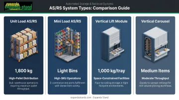 AS/RS system types comparison chart showing unit load mini load VLM and carousel specifications