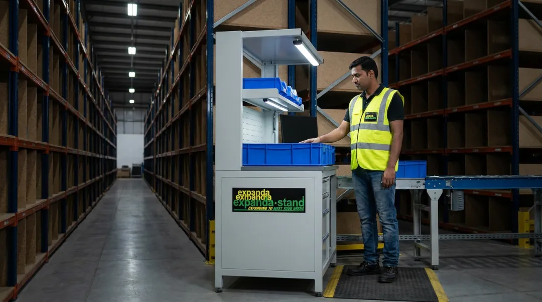 Warehouse worker at ergonomic AS/RS goods-to-person workstation safely retrieving inventory items