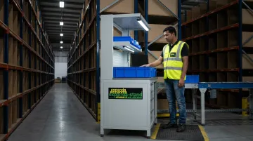 Warehouse worker at ergonomic AS/RS goods-to-person workstation safely retrieving inventory items