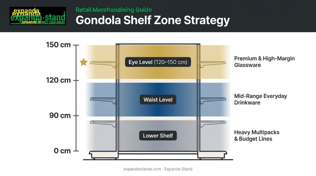 Supermarket shelf height zoning diagram showing eye waist and lower level product placement