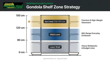 Supermarket shelf height zoning diagram showing eye waist and lower level product placement