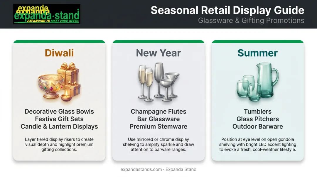 Seasonal glassware promotion calendar showing Diwali New Year and summer display themes