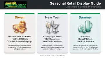 Seasonal glassware promotion calendar showing Diwali New Year and summer display themes
